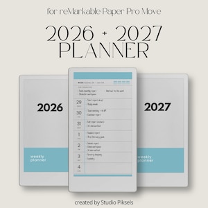 Agenda Premium 2026 + 2027 para reMarkable Paper Pro Move: Páginas interativas com calendários trimestrais, mensais e semanais para um planejamento focado.