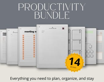 Può includere: Un pacchetto di produttività digitale per reMarkable Paper Pro che include 14 elementi. Il display mostra vari modelli di pianificazione, tra cui note di riunione, una pagina di note a punti e organigrammi con un badge giallo 14 items.
