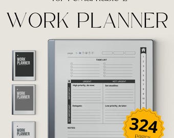 May include: A black and white digital planner for the reMarkable 2 tablet. The planner has a daily task list, a section for urgent and not urgent tasks, and a notes section. The planner has 324 pages.