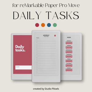 Daglig uppgiftsplanerare för reMarkable Paper Pro Move: Hyperlänkad daglig anteckningsbok med fokusuppgiftslistor, tidsblockeringssidor och anteckningsavsnitt