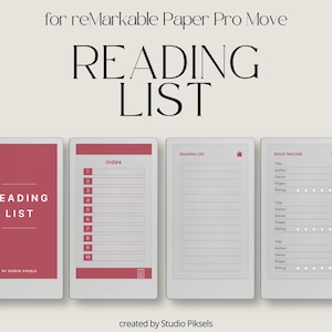以下が含まれることがあります： reMarkable Paper Pro Move用のデジタルテンプレート。読書リストとブックトラッカーが特徴です。テンプレートは、赤いアクセントとテキストが入った白い背景です。テキストには「READING LIST」と「BOOK TRACKER」が含まれています。