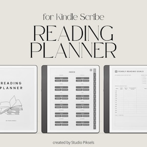 May include: Digital reading planner for Kindle Scribe. The image shows three e-readers displaying planner pages. The text "READING PLANNER" is prominently displayed. The planner includes sections for goals, trackers, and reflections. The planner is created by Studio Piksels.
