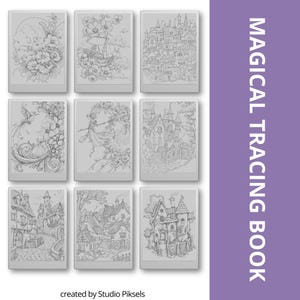 May include: A coloring book with the title "Magical Tracing Book" and the text "created by Studio Piksels". The cover features eight black and white illustrations of whimsical castles, houses, and landscapes.