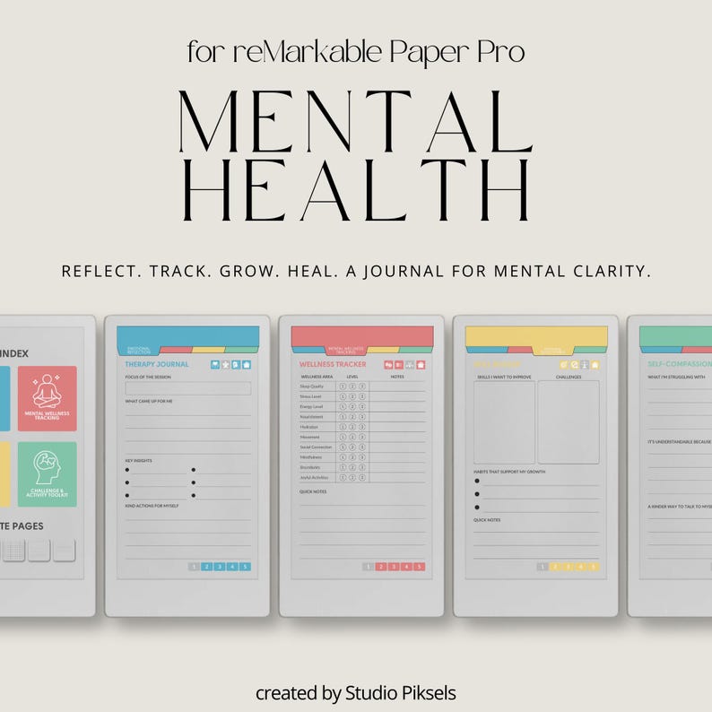 Mental Health Journal for reMarkable Paper Pro Move: Wellness & Self-Care Planner With Therapy Notes and Habit Tracker for Personal Growth