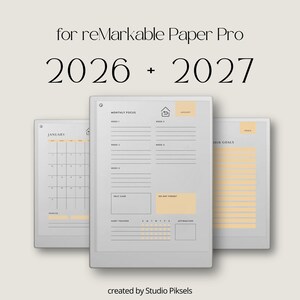 Agenda anual 2026 + 2027 para reMarkable Paper Pro: Calendário mensal com página de metas, painel de foco mensal, rastreador de hábitos e espaço para anotações.