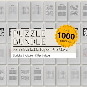 Könnte beinhalten: Eine Ansammlung weißer digitaler Puzzleseiten mit verschiedenen Sudoku-, Kakuro-, Killer- und Labyrinth-Rätseln. Der Text lautet "PUZZLE BUNDLE" und "over 1000 puzzles" für reMarkable Paper Pro Move.