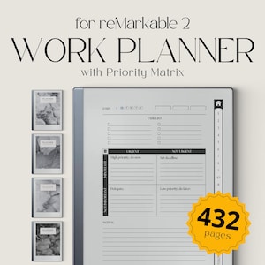 Könnte beinhalten: Digitaler Arbeitsplaner für reMarkable 2 mit Prioritätsmatrix und Aufgabenliste. Der Planer hat 432 Seiten. Das Bild zeigt auch mehrere Planer-Cover mit Marmordesign. Der Planer enthält einen Notizenbereich.