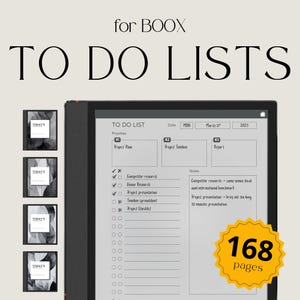 May include: A digital to-do list displayed on a tablet, with the text "TO DO LISTS" at the top. The screen shows a list with checkboxes and notes. The image also includes four small notebooks with the word "TODAY'S" on the cover and a yellow badge that says "168 pages".