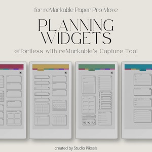 May include: Four digital tablet screens displaying planning widgets for reMarkable Paper Pro Move. The screens show various layouts including to-do lists, priority matrices, and trackers with text labels like Planning Widgets and Capture Tool.