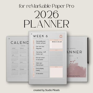 Planejador de 52 semanas para reMarkable Paper Pro: Planejador semanal de 2026 com calendário anual completo, abas semanais interligadas e layouts semanais minimalistas.