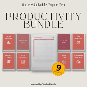Może przedstawiać: Pakiet produktywności dla reMarkable Paper Pro, zawierający dziewięć planerów. Zestaw zawiera tablet cyfrowy oraz kilka czerwono-białych planerów z tytułami takimi jak "Work Planner" i "Time Blocking". Wyświetlany jest tekst "PRODUCTIVITY BUNDLE".
