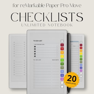 Puede incluir: Un cuaderno digital con el texto "CHECKLISTS" y "UNLIMITED NOTEBOOK". El cuaderno muestra una plantilla "TO DO LIST" con prioridades numeradas y casillas de verificación. También se ve un lápiz óptico negro y una pegatina "20 TEMPLATES".
