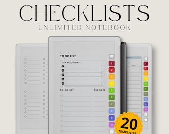 May include: A digital notebook with the text "CHECKLISTS" and "UNLIMITED NOTEBOOK". The notebook displays a "TO DO LIST" template with numbered priorities and checkboxes. A black stylus and a "20 TEMPLATES" sticker are also visible.