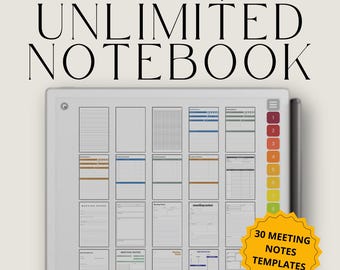 May include: A digital notebook with 30 meeting notes templates for the reMarkable Paper Pro. The templates are displayed on a screen with a yellow star sticker that says "30 Meeting Notes Templates".