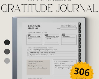 May include: A digital gratitude journal for reMarkable 2. The journal features sections for daily reflections, including gratitude prompts, positive memories, and affirmations. It has 306 pages and a minimalist design.