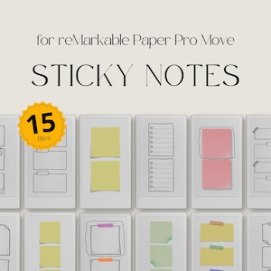 Può includere: Note adesive digitali per reMarkable Paper Pro Move con 15 file. Il display mostra vari layout, tra cui note quadrate gialle e rosa, liste di controllo e cornici disegnate a mano su modelli di carta digitale bianca.