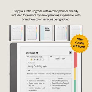 May include: Digital planner interface with a meeting agenda displayed on a tablet. The agenda includes the date, time, meeting subject, goal, agenda items, and attendees. The image also shows a "New: Color Versions" sticker.