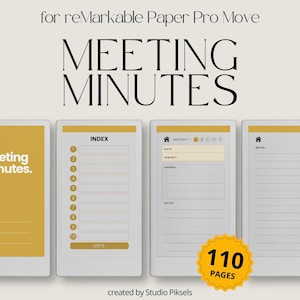以下が含まれることがあります： reMarkable Paper Pro Move 用のデジタル会議議事録テンプレート。デザインは、ゴールドのアクセントが付いた白い背景が特徴です。テンプレートには、インデックス、メモ用のセクション、110 ページが含まれています。テキストには「MEETING MINUTES」が含まれています。