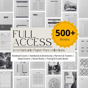 Könnte beinhalten: Eine Sammlung digitaler Notizbuch-Cover, Planer und Stickerbücher für reMarkable Tablets. Das Bild zeigt eine Vielzahl von Vorlagen, darunter Cornell-Notizen, Tagesplaner und Rätselseiten. Der Text lautet "FULL ACCESS" und "500+ items."