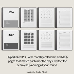 May include: Digital planner for 2026 and 2027, featuring monthly calendars and daily pages. The planner includes an index, year overview, and daily planning pages. The text on the image reads: "Hyperlinked PDF with monthly calendars and daily pages that match each month's days."