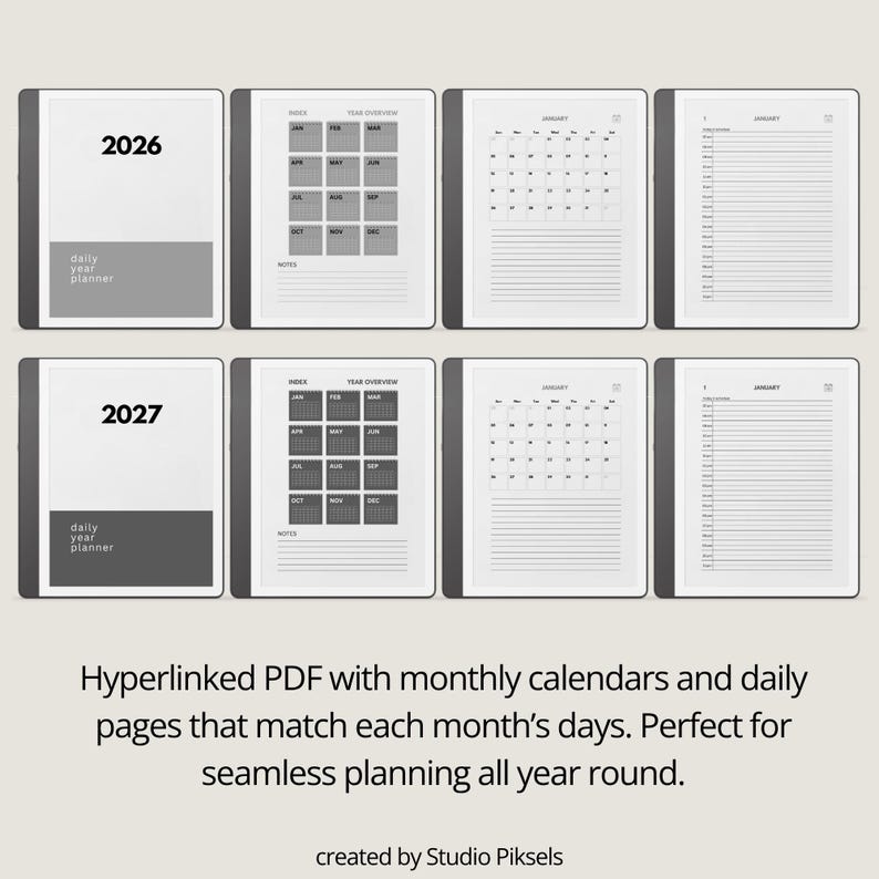 May include: Digital planner for 2026 and 2027, featuring monthly calendars and daily pages. The planner includes an index, year overview, and daily planning pages. The text on the image reads: "Hyperlinked PDF with monthly calendars and daily pages that match each month's days."