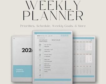 May include: A digital weekly planner for reMarkable Paper Pro. The image shows a weekly planner with a calendar view, a daily schedule, and a yearly view. The planner includes the text "WEEKLY PLANNER" and "Priorities. Schedule. Weekly Goals. & More."