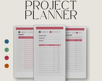 May include: Three white digital project planners with pink and gray details. The text on the top reads "for reMarkable Paper Pro Move PROJECT PLANNER". The planner pages include sections for timelines, project names, start dates, and milestones. Created by Studio Piksels.