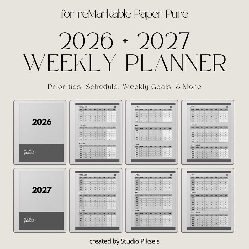 Hyperlinked Weekly Planner for reMarkable Paper Pure: Linked 2026 + 2027 Weekly Calendar With Quarterly Overview and Week Priority Planners