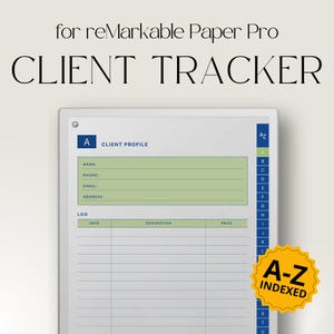 Puede incluir: Un rastreador de clientes digital para reMarkable Paper Pro. La pantalla blanca muestra un formulario de perfil de cliente con campos para nombre, teléfono, correo electrónico y dirección. El rastreador incluye una sección indexada de A-Z y un registro.