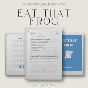 May include: A digital planner for reMarkable Paper Pro, featuring the text "EAT THAT FROG." The planner includes an index, a weekly schedule, and a blue cover with a pencil icon. Designed by Studio Piksels, it's a productivity tool.