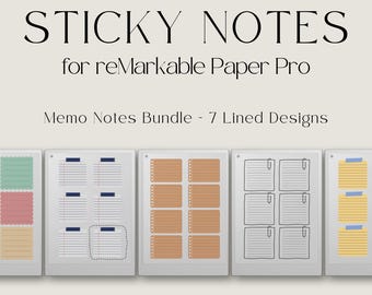 May include: A digital sticky notes bundle for reMarkable Paper Pro featuring seven lined memo designs. The display shows five tablet screens with various note templates, including scalloped edges, blue tape accents, and paper clip illustrations.