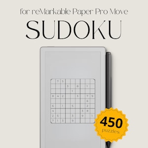 Könnte beinhalten: Ein digitales Tablet mit einem Sudoku-Puzzle, mit dem Text "for reMarkable Paper Pro Move SUDOKU" oben. Ein Stift befindet sich rechts. Eine gelbe Sternform mit der Aufschrift "450 puzzles".