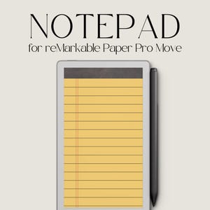 Peut inclure: Un bloc-notes numérique avec du papier ligné jaune et un stylet noir. Le bloc-notes est affiché sur une tablette blanche avec le texte "NOTEPAD for reMarkable Paper Pro Move" en noir.