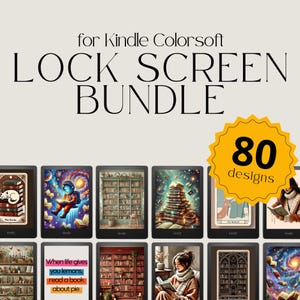 May include: A collection of 80 Kindle lock screen designs featuring illustrations of books, libraries, and reading. The designs are in various styles, including whimsical, realistic, and abstract.