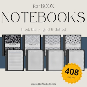 May include: An advertisement for BOOX notebooks. The image displays several notebooks with different cover designs and interior page styles, including lined, blank, grid, and dotted. The notebooks have 408 pages and are created by Studio Piksels.