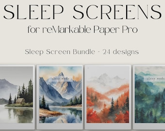 Peut inclure: Un ensemble de 24 designs d'écran de veille numériques pour la tablette reMarkable Paper Pro. Les designs présentent des illustrations à l'aquarelle de montagnes, de lacs et de forêts dans différentes palettes de couleurs. Le texte "mode veille" apparaît sur certains des designs.