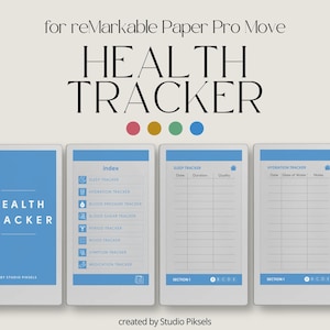 Puede incluir: Plantilla digital de seguimiento de la salud para reMarkable Paper Pro Move. El diseño presenta una combinación de colores azul y blanco con secciones para el seguimiento del sueño, la hidratación, la presión arterial y el estado de ánimo. El texto "HEALTH TRACKER" se muestra de forma destacada.