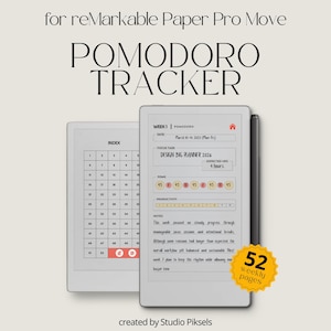 Könnte beinhalten: Digitaler Planer für reMarkable Paper Pro Move mit Pomodoro Tracker-Design. Das Bild zeigt ein Tablet mit Wochenlayout, einschließlich Datum, Fokusaufgabe und Produktivitätstracking. Das Design umfasst 52 Wochenseiten.