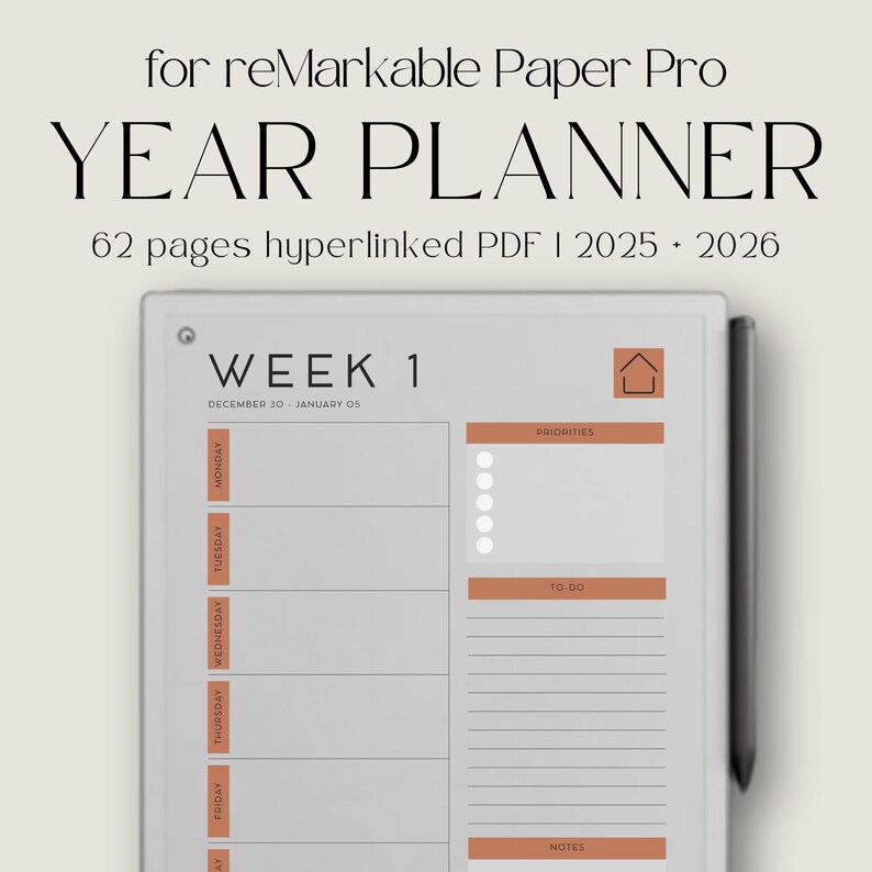 Year Planner for Remarkable Paper Pro for 2025 + 2026: Hyperlinked ...