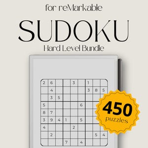 May include: A white digital notepad with a Sudoku puzzle on the screen. The puzzle is labeled "Hard Level Bundle" and a yellow sticker with the text "450 puzzles" is on the right side of the screen.