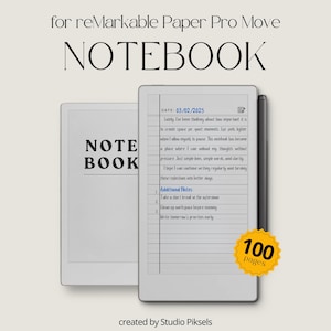 Op de afbeelding: Een digitale notebook met stylus, met handgeschreven notities gedateerd 03/02/2025. De tekst "NOTEBOOK" en "100 pages" zijn zichtbaar. Ontworpen voor de reMarkable Paper Pro Move, biedt het ruimte om te schrijven.