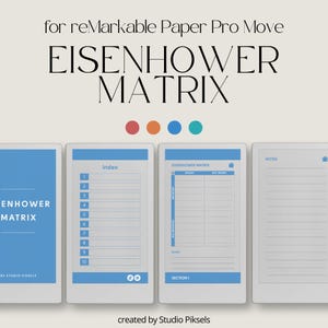 Op de afbeelding: Digitale planner voor reMarkable Paper Pro Move. De afbeelding toont vier digitale pagina's met blauwe en witte ontwerpen. De tekst "EISENHOWER MATRIX" is prominent weergegeven. De pagina's bevatten een index, een matrix lay-out en een notitiegedeelte.