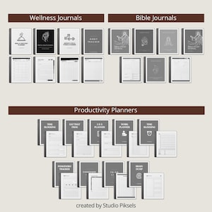 May include: A collection of digital journals and planners, including Wellness, Bible, and Productivity categories. The covers feature minimalist icons and text, such as "Meal & Grocery Planner" and "Time Blocking." The image is created by Studio Piksels.