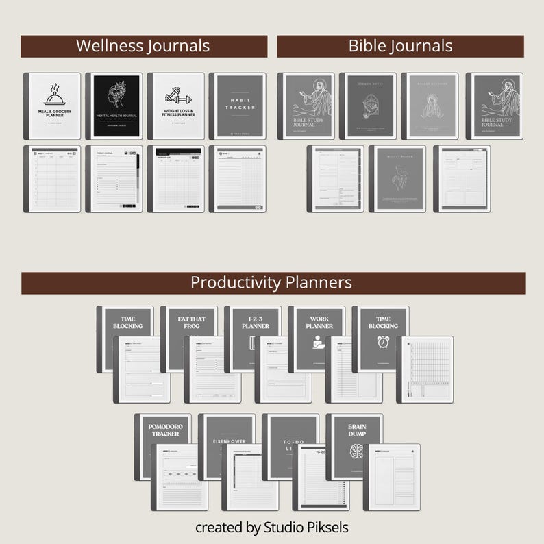 May include: A collection of digital journals and planners, including Wellness, Bible, and Productivity categories. The covers feature minimalist icons and text, such as "Meal & Grocery Planner" and "Time Blocking." The image is created by Studio Piksels.