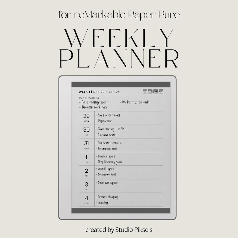 Hyperlinked Weekly Planner for reMarkable Paper Pure: Linked 2026 + 2027 Weekly Calendar With Quarterly Overview and Week Priority Planners
