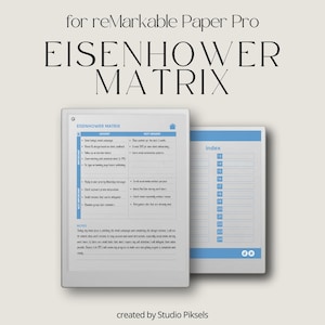 Könnte beinhalten: Ein digitaler Planer für reMarkable Paper Pro mit dem Layout "Eisenhower Matrix". Der Planer ist weiß mit blauen Akzenten und enthält einen Index. Text auf dem Planer enthält die Kategorien "Dringend" und "Nicht dringend" und den Text "created by Studio Piksels".