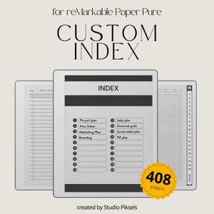 May include: A digital planner for reMarkable Paper Pure, featuring a custom index. The image shows three tablets with different page layouts, including lined, grid, and index pages. The index includes sections for project plans, new ideas, and marketing plans. The planner has 408 pages.