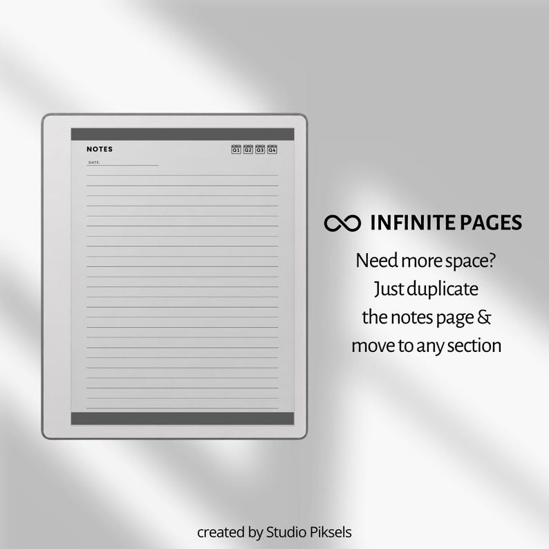 The image is a digital note pad with a blank page, and it is created by Studio Pikesels.