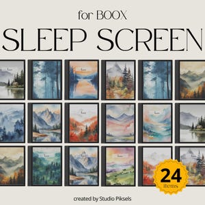 May include: A set of 24 BOOX sleep screen designs with watercolour landscape art. Each design presents a different scenic view, including mountains, forests, and lakes. The text "SLEEP SCREEN" is displayed above the designs.