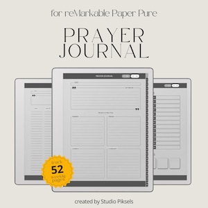 Peut inclure: Un journal de prière numérique pour reMarkable Paper Pure présentant trois écrans de tablette affichant des modèles de mise en page avec des sections pour les dates, les prières et les personnes à prier. Un badge jaune indique 52 pages.